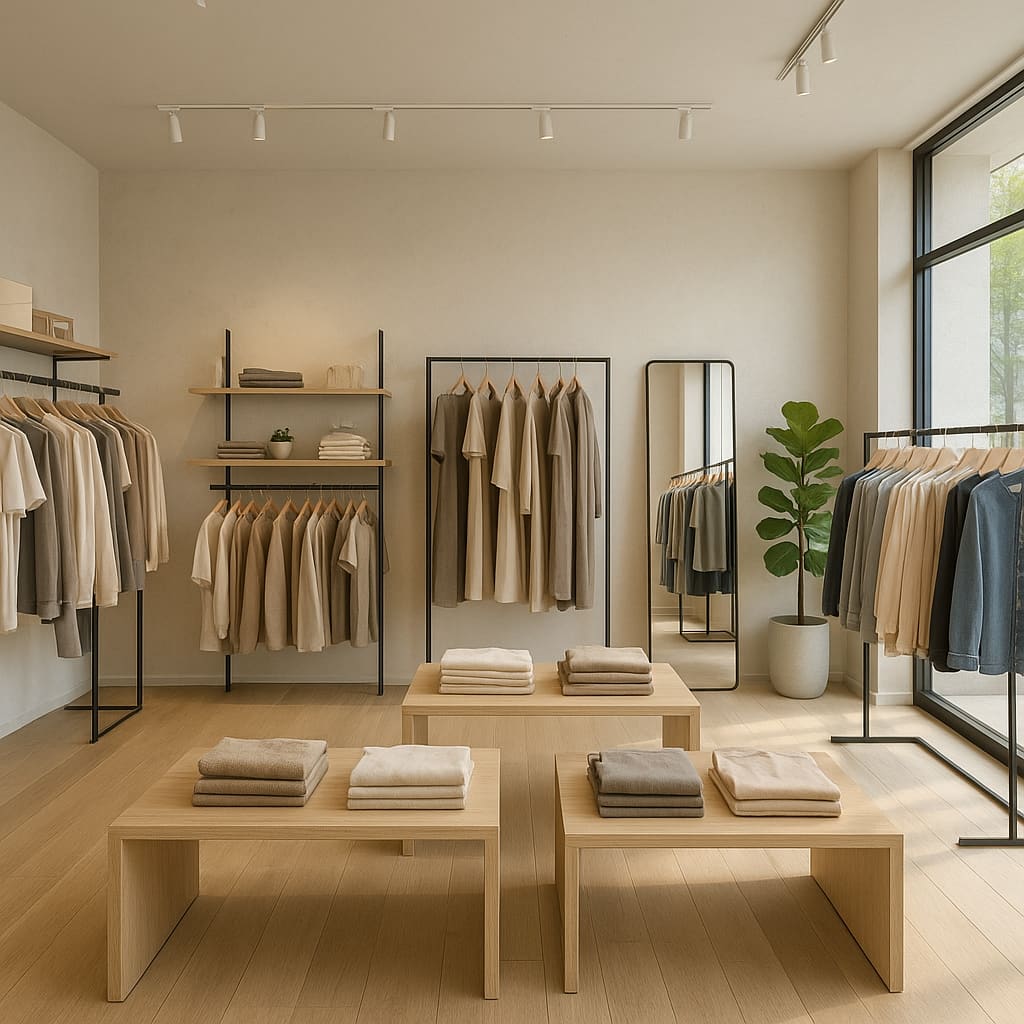 Modernes Boutique-Interieur mit geordneten Modekollektionen