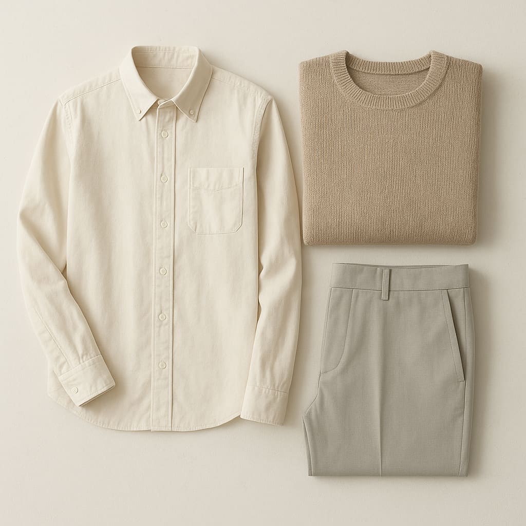 Neutrale Alltagskleidung als Flatlay für Capsule Wardrobe